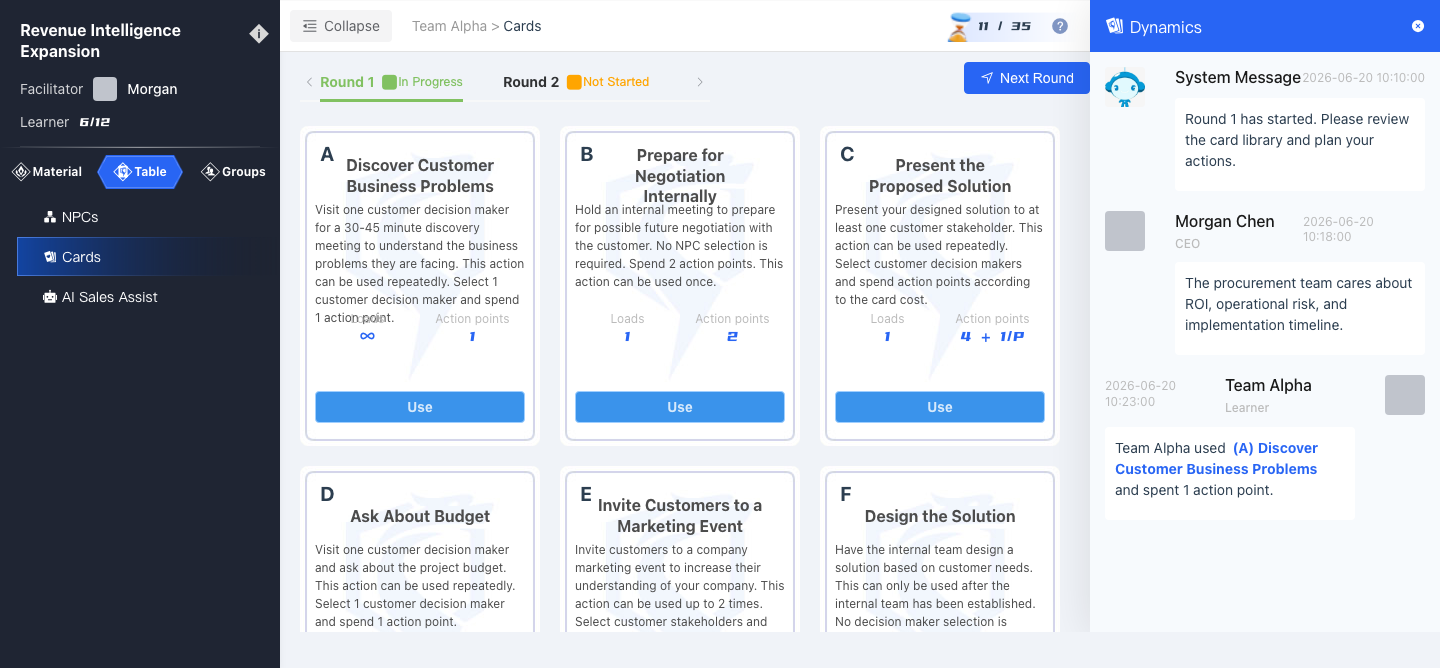 SalesNail simulation workspace in English: teams play sales strategy cards such as Discover Customer Business Problems and Present the Proposed Solution