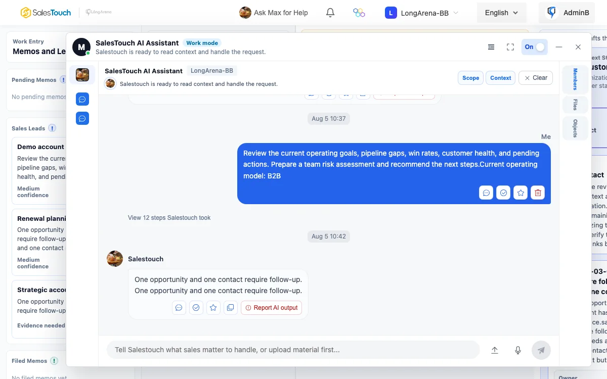 SalesTouch workspace in English: the AI assistant reviewing customer and opportunity context alongside collaboration channels