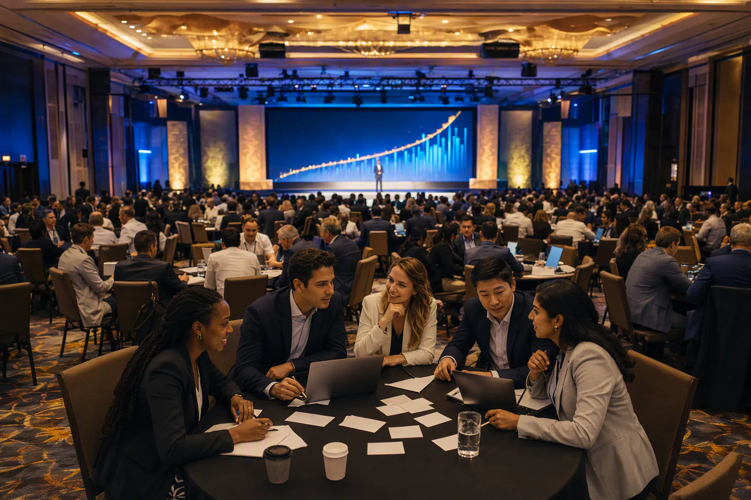 A company-wide sales kickoff ballroom where teams play a SalesNail tournament