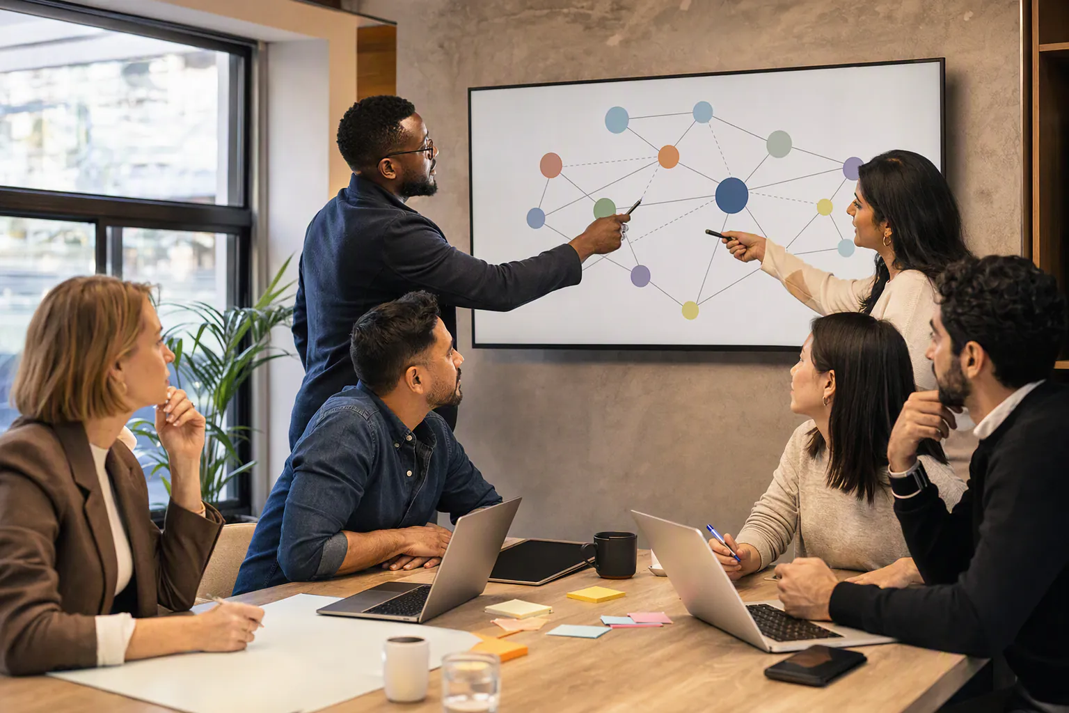 Sales, pre-sales, delivery, and product staff coordinating on one customer decision network