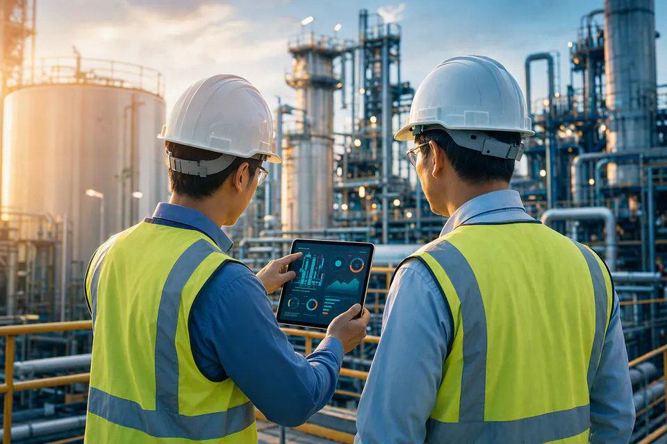 A sales engineer and a plant manager reviewing a pipeline dashboard at a chemical facility