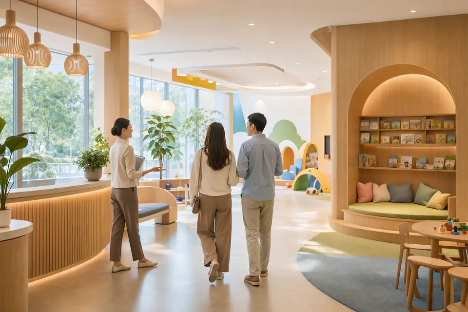 An admissions director walking parents through a private kindergarten lobby