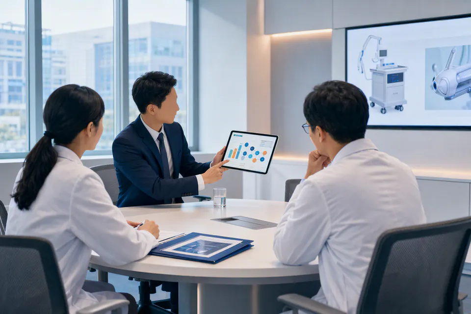 A medical device sales representative presenting an AI-organized account dashboard to hospital physicians