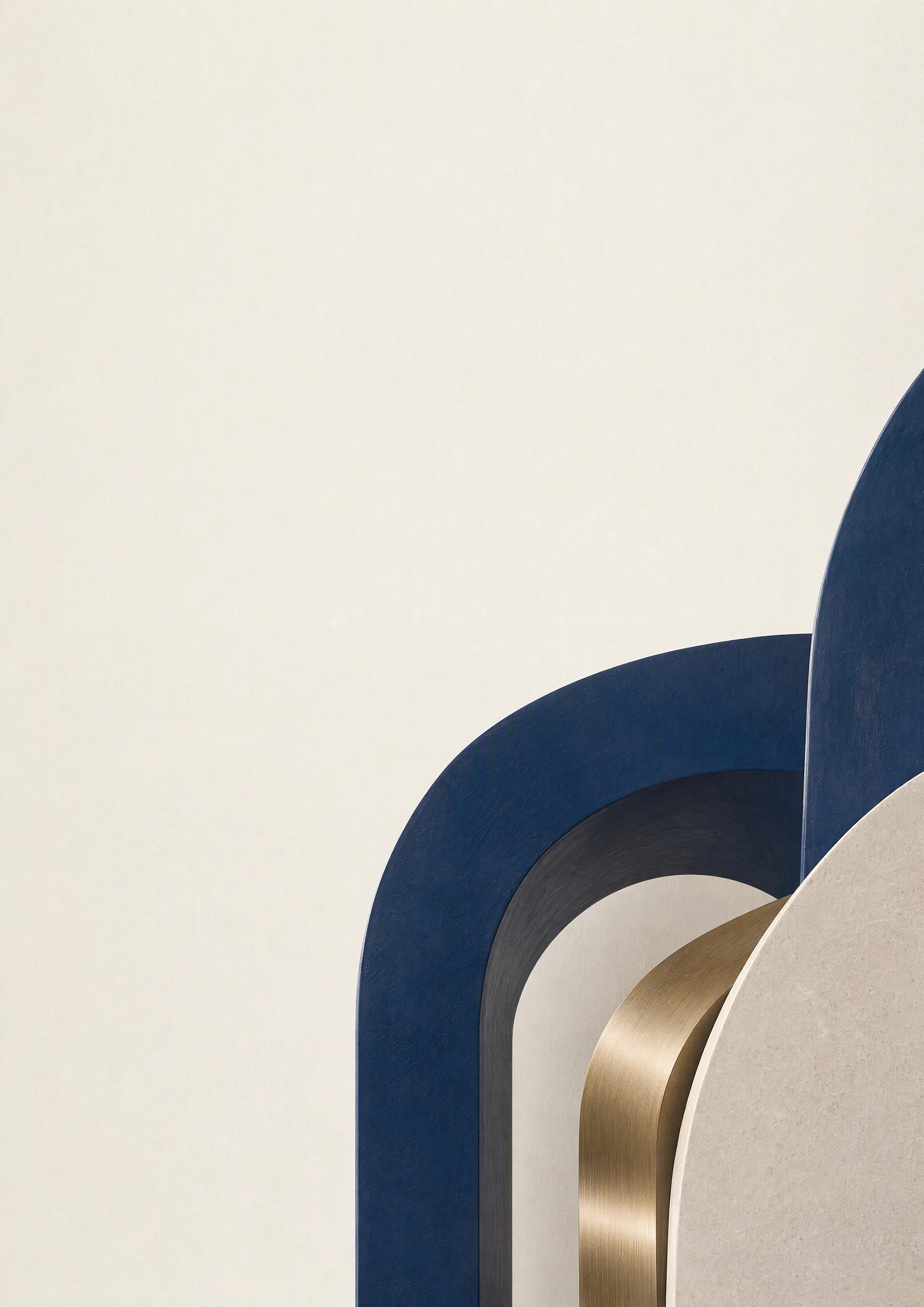 Midnight-blue architectural sculpture on warm ivory paper